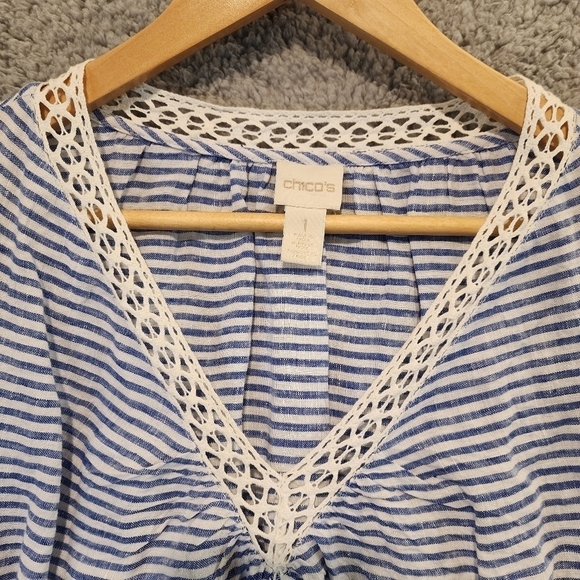 Chico's Blue White Striped Bell Sleeve Linen Blouse Top Crochet Boho Sz 1 Small - Picture 2 of 10